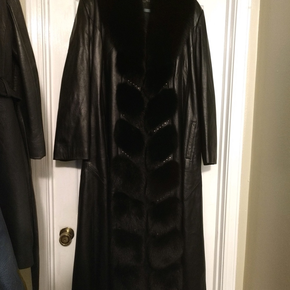 Leather coat with real fur collar